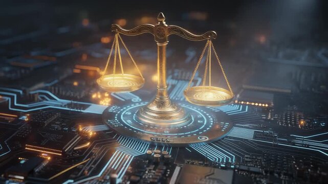 Digital world justice and technology concept with radiant scales symbolizing fairness and innovation