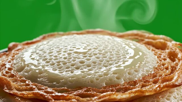 Close-up of Indian Appam Food Steaming Freshly Prepared in a Cinematic Commercial Shot Against a Vibrant Green Background