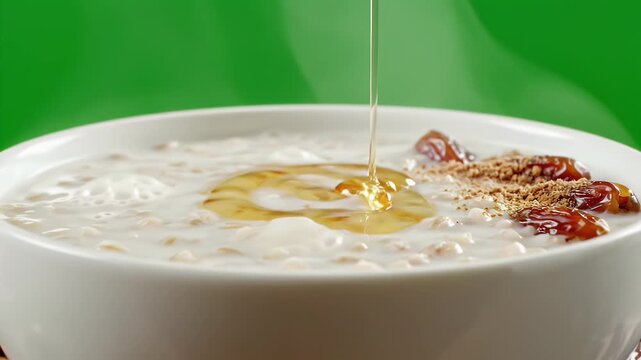 Close up shot of creamy barley porridge with sweet honey drizzled over dates and cinnamon in a white bowl with a vibrant green out of focus background