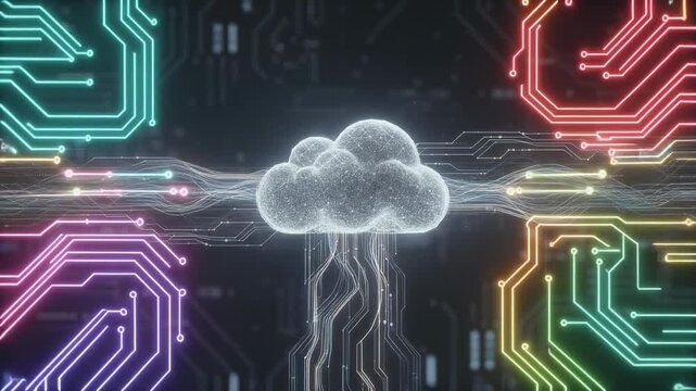 Futuristic digital brain connecting with vibrant circuits in a cyber landscape for innovation and technology