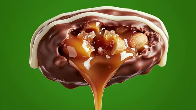 Delicious Chocolate Candy Bar with Flowing Caramel and Peanuts Isolated on Green Background Ultra Detailed Macro Cinematic Shot