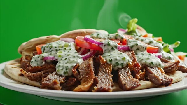 Delicious Gyros Plate with Sliced Meat Pita Bread Fresh Tomatoes Red Onions Lettuce and Creamy Tzatziki Sauce on a White Plate with Green Background