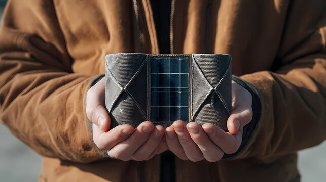 Hands holding a solar-powered gadget with integrated flexible panels on fabric, Generative AI illustrations.