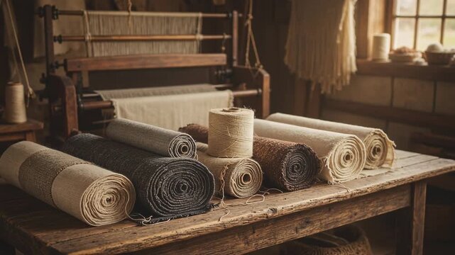 Colorful fabric rolls showcase the art of weaving with vibrant textures and rich patterns in a creative textile scene