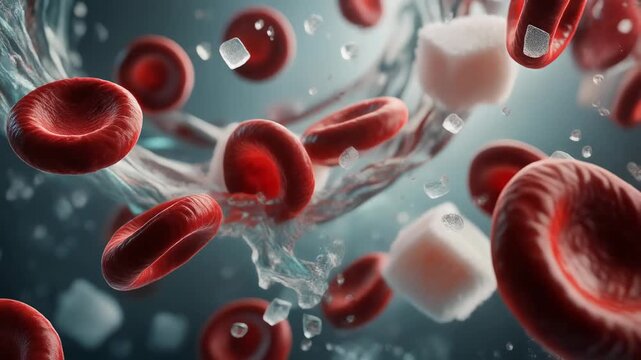 Firefly microscopy showing red blood cells interacting with sugar crystals in a vibrant dynamic motion