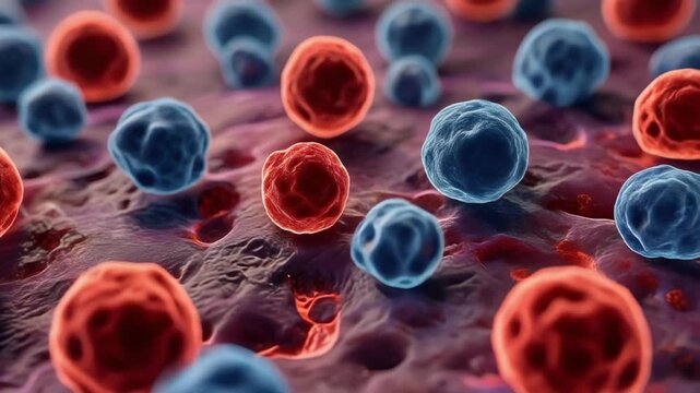 Firefly microscopic life vibrant red blue cells interacting dynamic biological animation