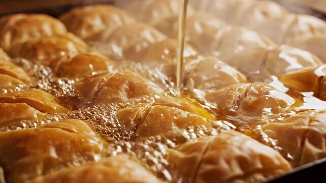 Handmade Baklava Preparation Showing Phyllo Dough Brushed With Butter and Filled With Nuts Before Baking and Syrup Drizzling Process