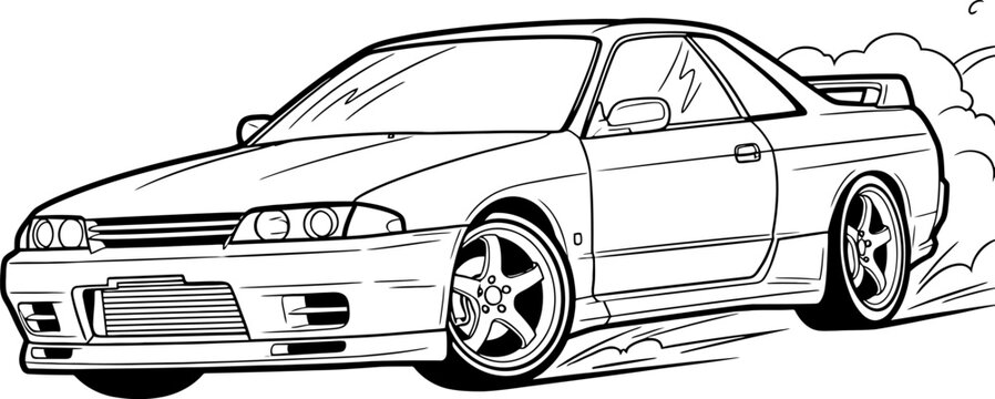 Dynamic monochrome illustration capturing a powerful coupe mid-drift, with smoke from its tires, embodying automotive excitement, speed, and precision maneuverability.