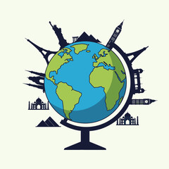 Naklejka premium Globe with Famous Landmarks: Travel Around the World Concept