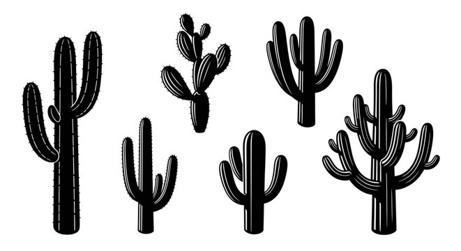 Black Silhouette Cactus Collection Isolated on White Background