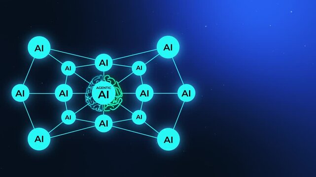 4K Agentic AI Orchestration Background. Tech Blue Digital Brain Hub with Autonomous AI Nodes and Right Copy Space.
