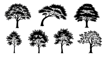Fototapeta premium Collection of Diverse Tree Silhouettes Isolated on White Background