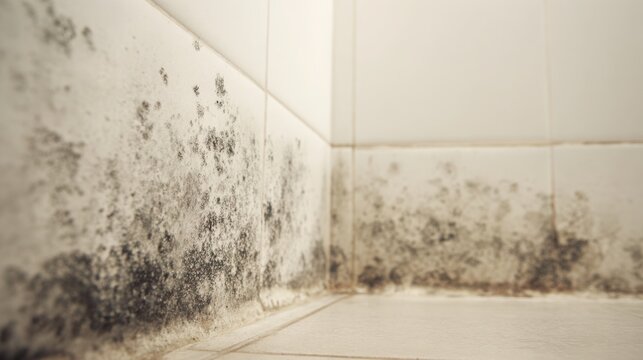 Mold growth on bathroom tiles in corner with white background. Dark fungus growth.    