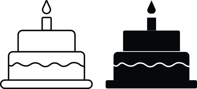 Two-tiered birthday cake with a lit candle, presented as both an outline icon and a solid black silhouette.