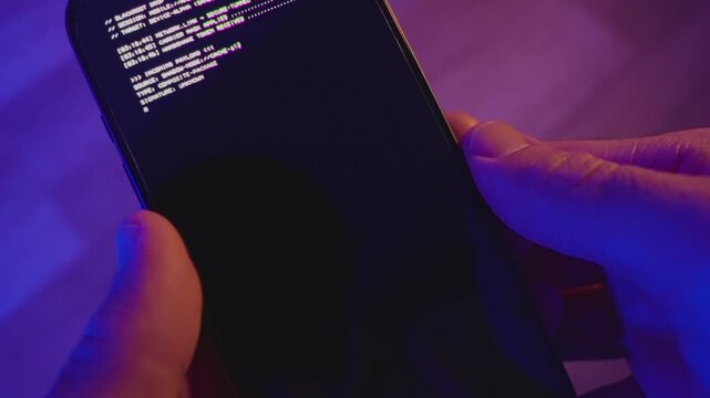 Malware or phone malicious software or app virus is installed on mobile device. Code running on screen as hands hold smart phone in dark room with purple color. Hacking or remote access of phone