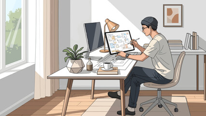 Fototapeta premium Young man working diligently at his desk with a tablet and computer.