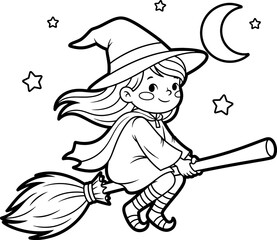 Fototapeta premium Whimsical illustration of a cheerful young witch soaring through the night sky on her broomstick, surrounded by stars and a crescent moon, perfect for a magical Halloween coloring activity.