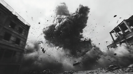 Fototapeta premium High-impact black and white explosion in an abandoned building with motion blur