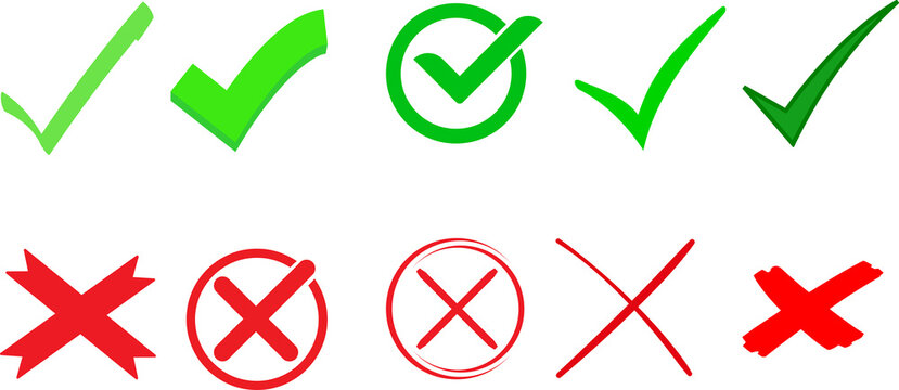 Green check mark and red cross mark Green check mark and red cross symbols for yes no correct incorrect choices approval rejection vector checkmark and X mark