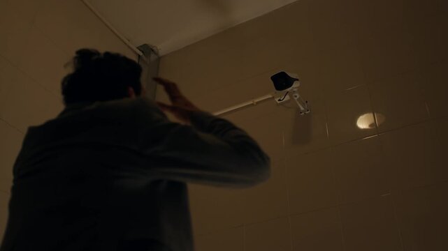 Man in cell frantic under surveillance, expressing distress and paranoia