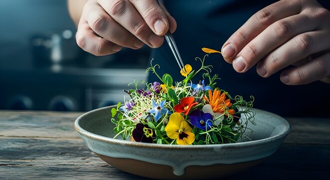 Chef preparando ensalada de flores comestibles fotograf&iacute;a de comida oscura y de mal humor