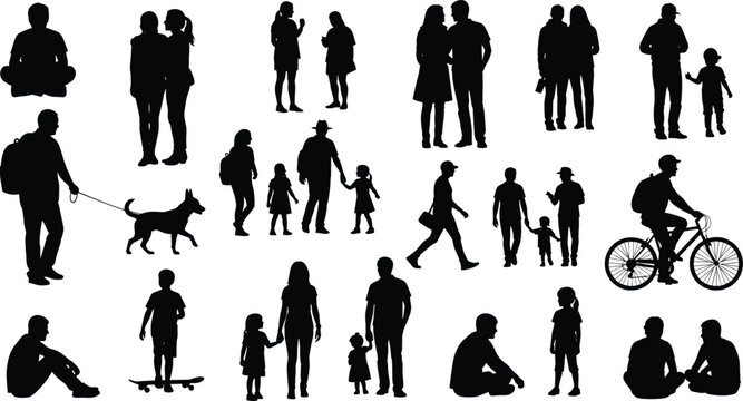 People silhouettes collection, family, couples, walking, sitting, children, lifestyle activities, urban crowd figures, black vector illustration isolated set