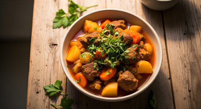 Cuenco de estofado de ternera, gastos generales, fondo de madera, perejil.
 Fotograf&iacute;a de recetas de comida.