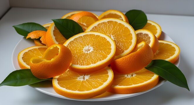 Naranjas y mandarinas en rodajas ingeniosamente dispuestas en un plato blanco con un fondo brillante y colorido, fruta fresca
