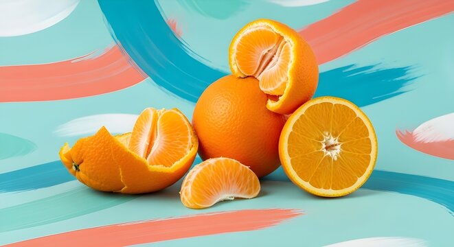 Naranjas y mandarinas en rodajas ingeniosamente dispuestas en un plato blanco con un fondo brillante y colorido, fruta fresca