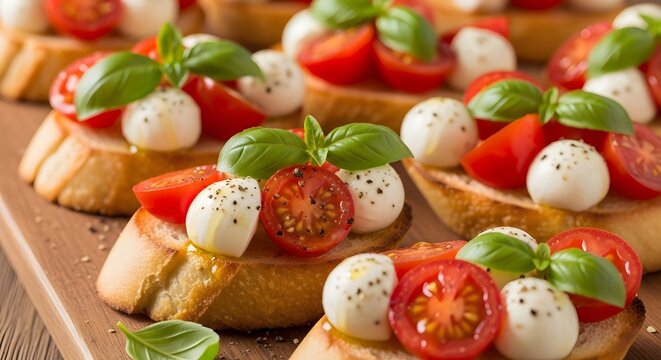 Deliciosa Bruschetta de Tomate con Albahaca Fresca y Mozzarella sobre Pan R&uacute;stico