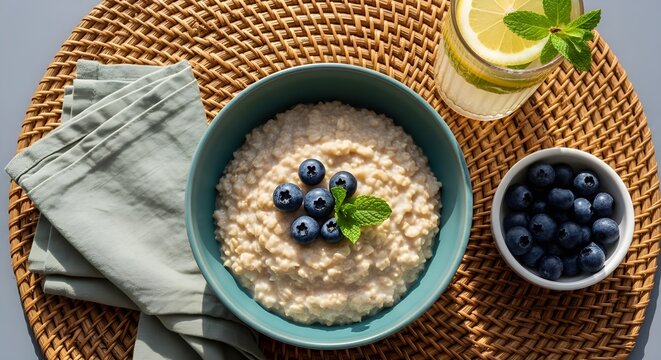Apetitosas gachas de polenta con ar&aacute;ndanos y limonada servidas en la mesa