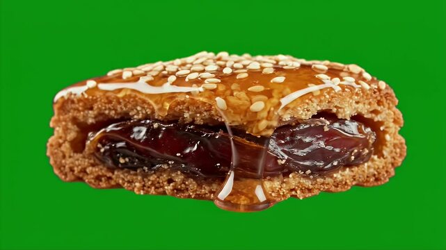 Ultra Detailed Cinematic Slice Of Algerian Makroud Date Bar With Honey Drizzle And Sesame Seeds Isolated On Green Screen Background