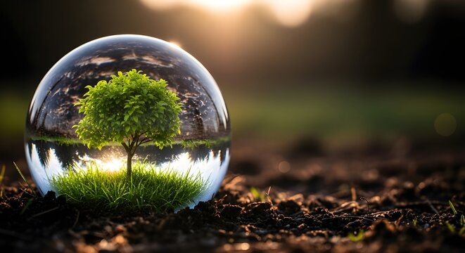 Una serena esfera de cristal que contiene un &aacute;rbol frondoso, que simboliza la naturaleza y la sostenibilidad bajo la radiante luz del sol.