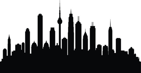 Obraz premium A black silhouette of a modern city skyline with sleek skyscrapers and towering high rises against a white background