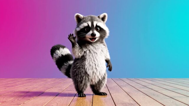 Cute animated raccoon dances happily on wooden floor against vibrant pink and blue gradient background, full body shot, cheerful cartoon character, engaging motion for animation