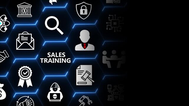 Sales training concept with user and presentation elements for team skill development performance improvement and business growth in modern digital systems 4k animation video
