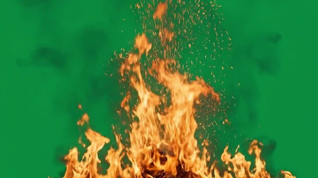 Vibrant vector illustration of dynamic orange and yellow flames with rising smoke and sparks, perfect for compositing on a green screen background.