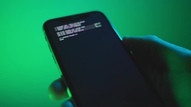 Phone being hacked with code and malicious app or software for spying or stealing private data and information from device. Illegal activity cyber attack with virus or malware installed on mobile