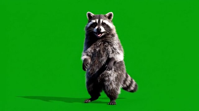 Cute raccoon standing and waving its paws with joy on green screen background, funny wild animal animation in full body, playful creature motion footage