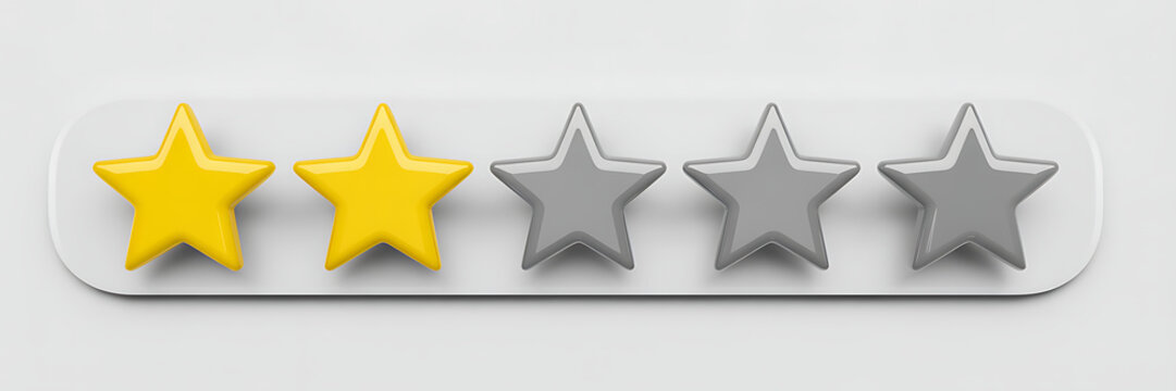 Two star rating icon on white background, mediocre customer feedback, average satisfaction score, 3D illustration