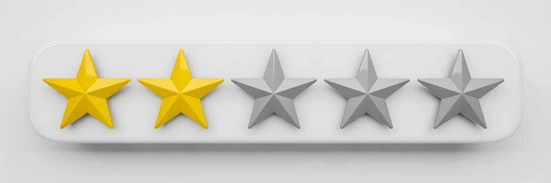 Two star rating icon on white background, mediocre customer feedback, average satisfaction score, 3D illustration