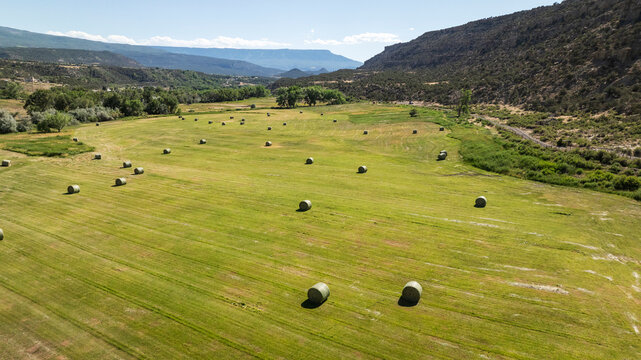 Aerial view over hay bales in semi-arid Rocky Mountains.