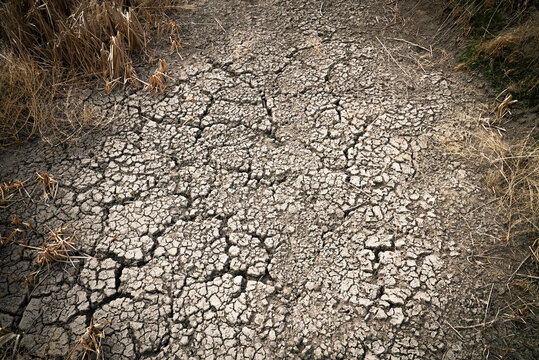 Dry, cracked mud close-up in an irrigation canal in West.