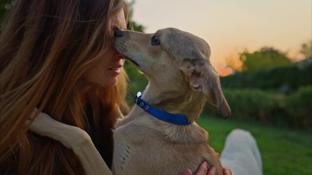 Outdoor footage of a woman embracing a dog while several other dogs gather around her in a natural, sunset-lit environment.