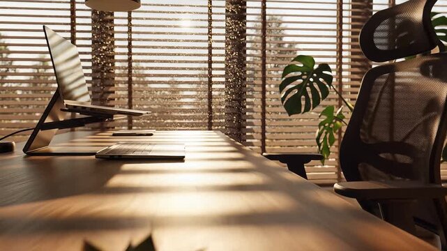 Modern office desk setup with monstera plant lamp and laptop against window blinds in warm sunlight