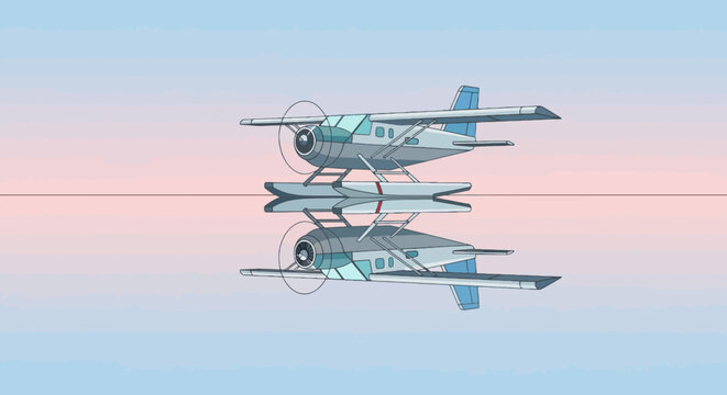 A mirrored seaplane illustration, reflecting over a line, set against a gradient sky