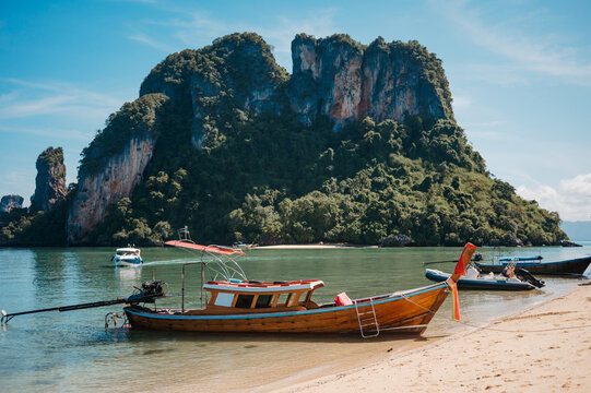 Traditional longtail boat on beach at Koh Pak Bia, Hong Islands, Krabi