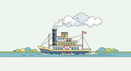 Fototapeta premium A cartoon steamboat with smoke, flag, and wheel sailing on blue water