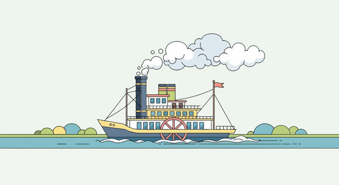 A cartoon steamboat with smoke, flag, and wheel sailing on blue water