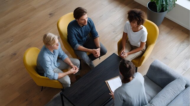 A diverse group of four people in a collaborative meeting in a modern bright room